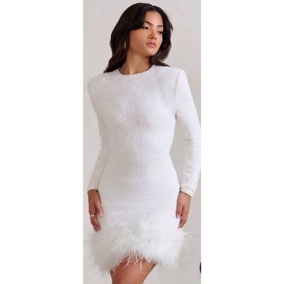 Club L White Sequin Round Neck, Feather Hem Mini Dress, Long Sleeves, NWT,12 - Picture 1 of 1